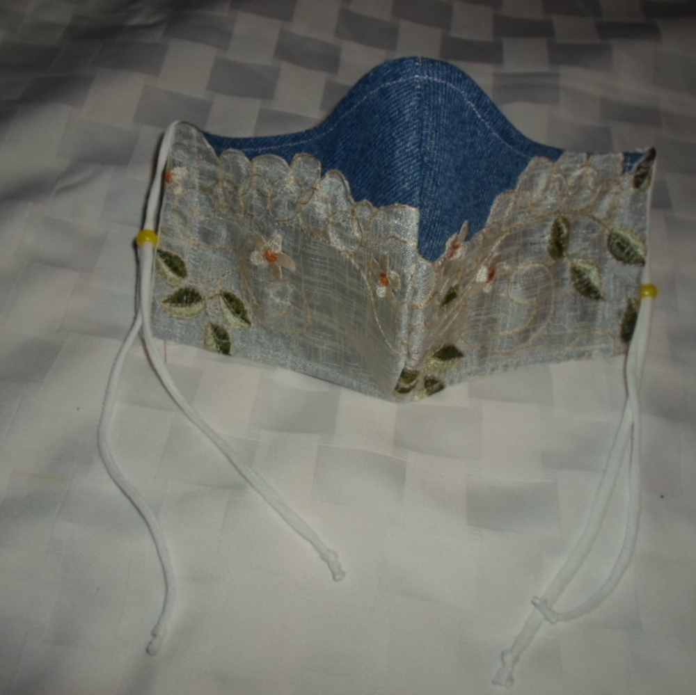 Denim & embroidered organza mask
